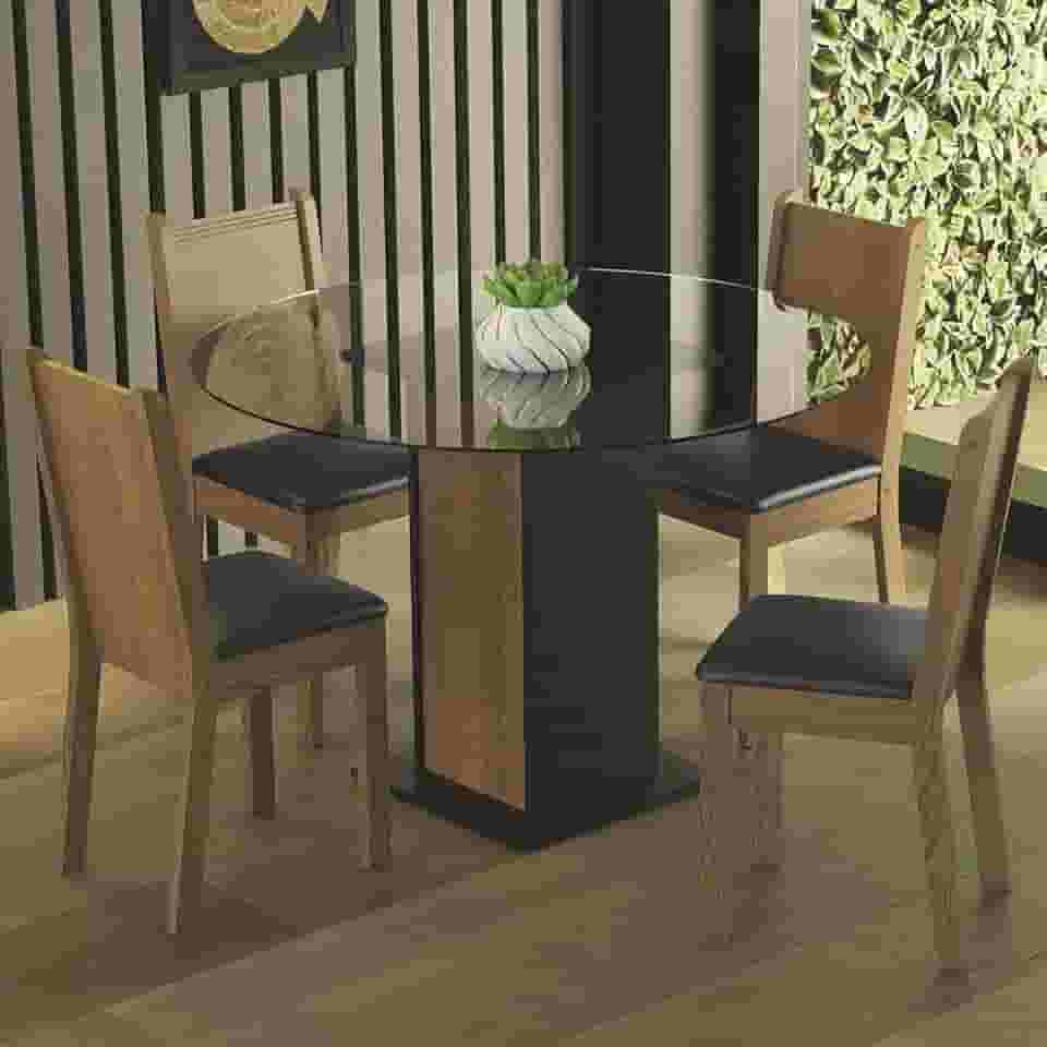 Conjunto Sala de Jantar Madesa Débora Mesa Tampo de Vidro Redondo 4 Cadeiras - Preto/rustic