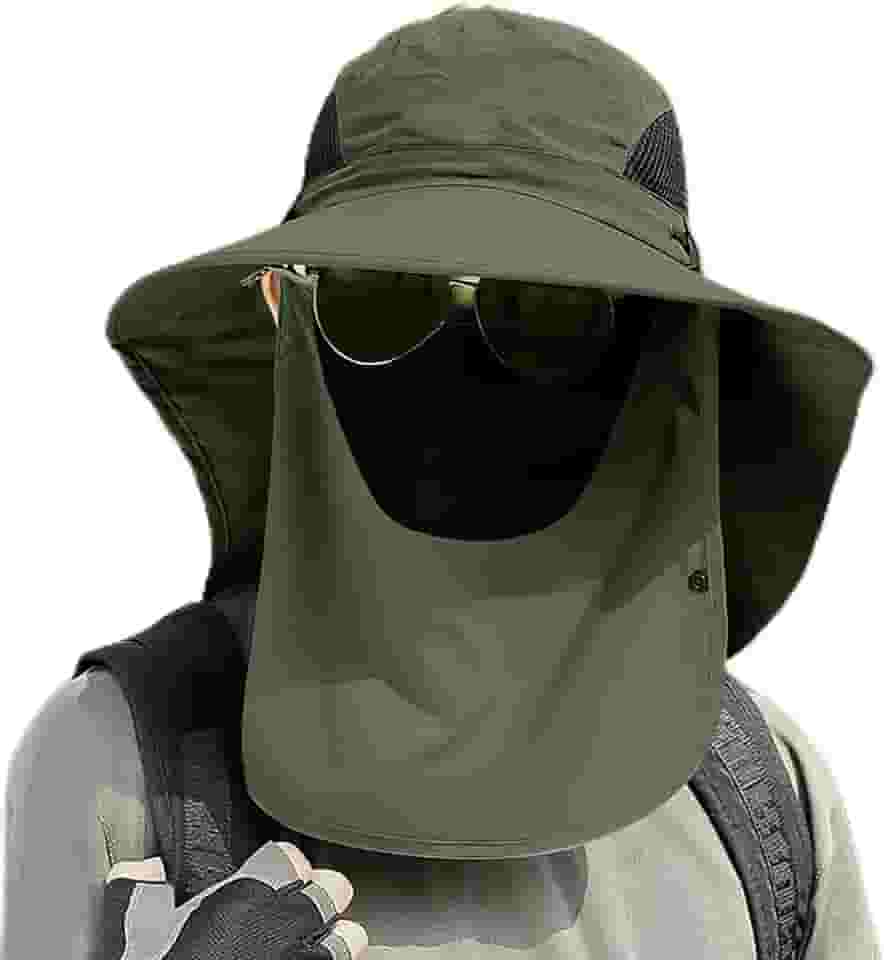 Chapéu de sol unissex ao ar livre com aba larga removível no pescoço e cobertura facial respirável para pesca, caminhada, acampamento, 1 peça