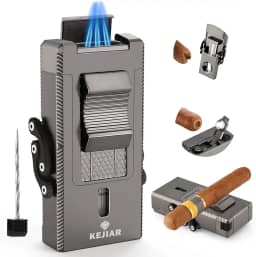 KEJIAR Isqueiro Maçarico para Charutos, Isqueiro Butano Recarregável À Prova de Vento com Cortador Em V para Charutos, Furador para Charutos, Suporte para Charutos, Intensificador de Tiragem de Charut