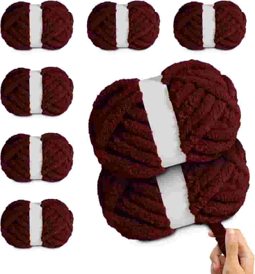 Fio de chenille jumbo grosso para crochê de tricô à mão – 8 novelos × 226,8 g (25 metros cada) fio grosso supermacio e volumoso para cobertores, cachecóis, almofadas e artesanato DIY (vinho vermelho)