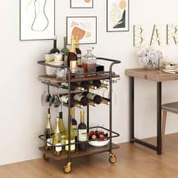 Carrinho de Bar de 3 Níveis com Rodas, Carrinho de Bar Externo para a Casa com Rack de Vinho e Suporte para Copos, Carrinho de Servir para Casa, Sala de Jantar, Festas, Quatro Camadas, Preto