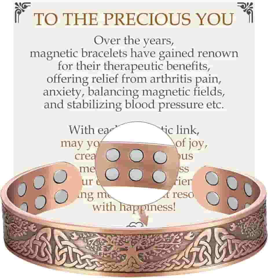 Feraco Pulseira de cobre puro para homens e mulheres, pulseira magnética de ultra resistência para homens e mulheres com ímãs de neodímio de 3500 gauss, 99,99% joia de cobre para árvore da vida