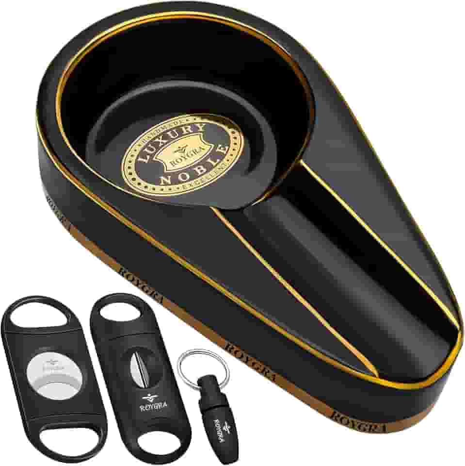 roygra Cinzeiro de charuto para pátio externo com conjunto de 3 cortadores, cinzeiros de charuto para ambientes externos, cinzeiro externo com suporte, decoração de casa de cerâmica, bandeja de