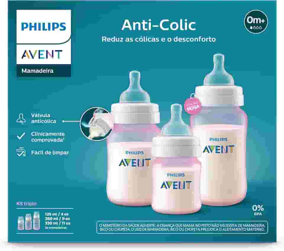 Kit Triplo Mamadeira Anti-Colic Philips Avent SCY119/19 125ml + 260ml + 330ml Rosa