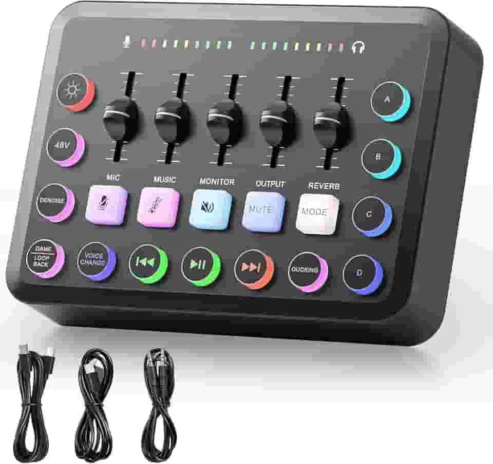 Interface de Audio, Mixer de Áudio RGB para Gaming com 5 Canais, Fonte Fantasma 48V, Live Sound Card with XLR Microphone Interface, Controle Individual, Botão Mute, for Podcast/Vocal/Gravação/Jogos