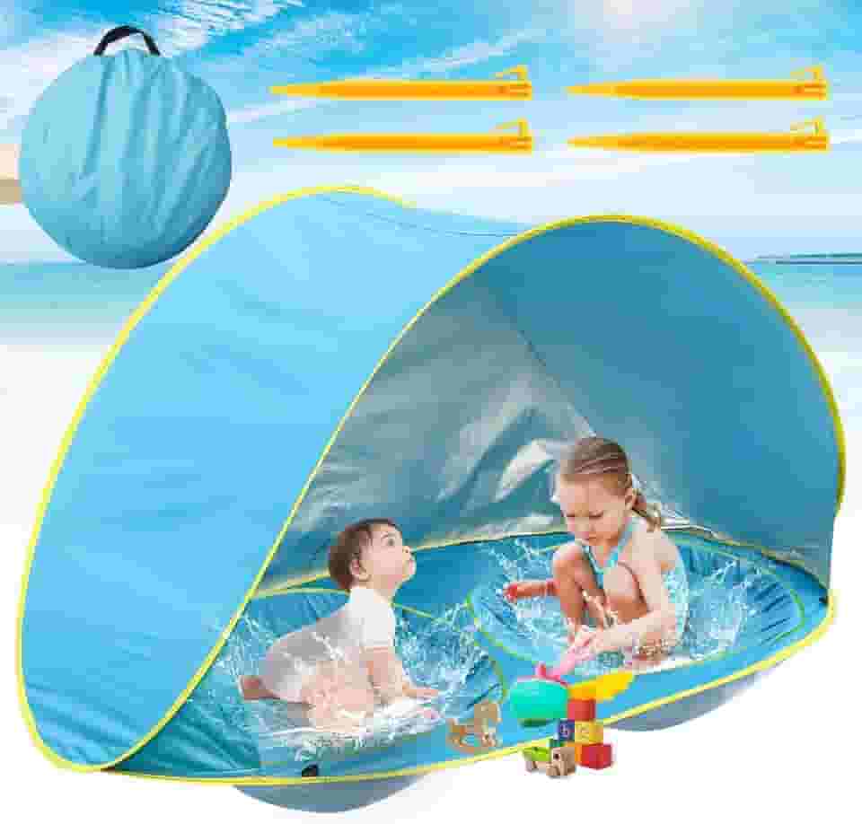 Barraca de Praia, Barraca de Praia Dupla, Sombra, Piscina E Proteção UV (Azul), Tenda de Praia, portátil E Automática Instantânea, Fácil de Dobrar E Estourar