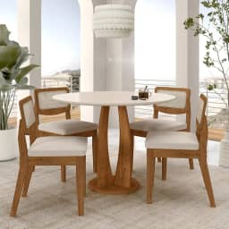 Mesa Redonda Camogli 4 Cadeiras Sextavadas Freijó/off/bouclé Off - M.a Freijó/off Premium/bouclé Off