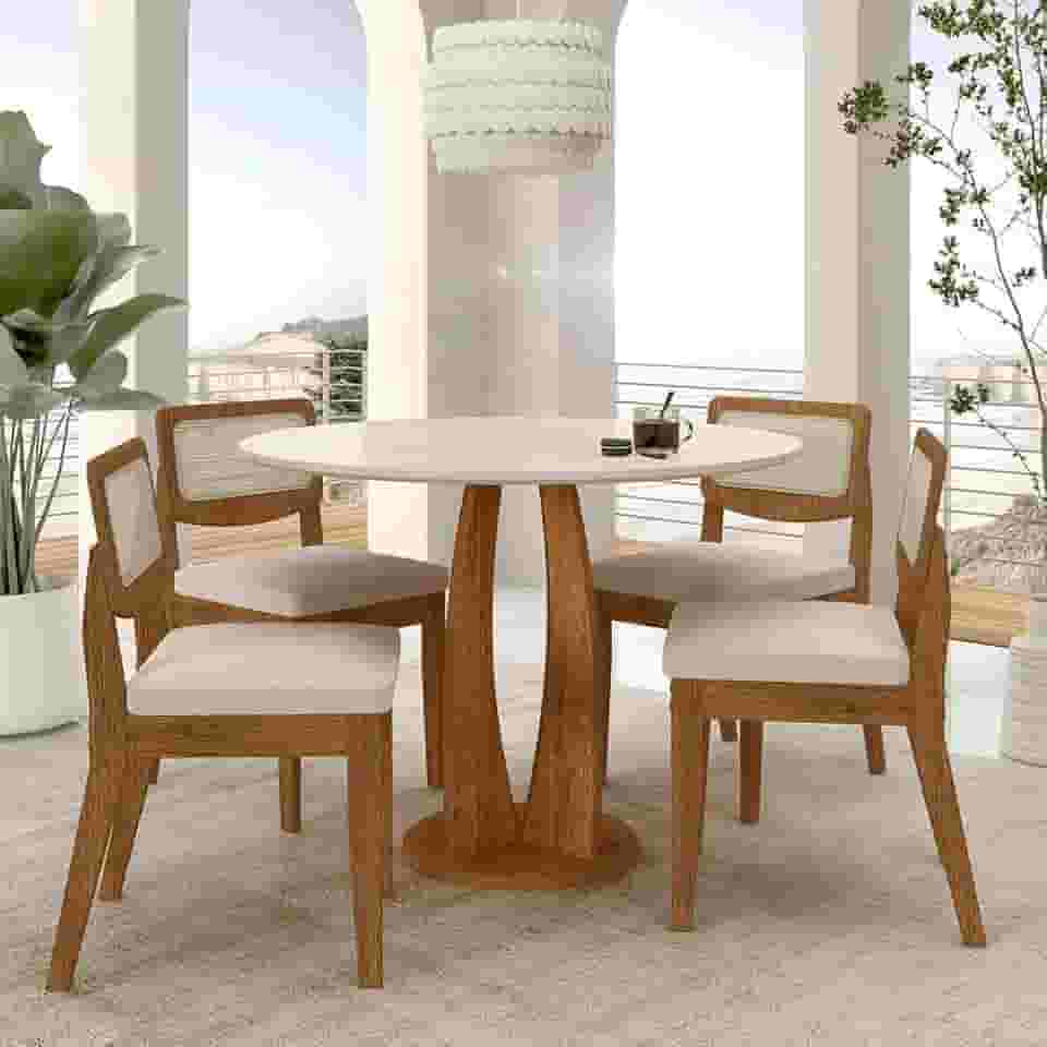 Mesa Redonda Camogli 4 Cadeiras Sextavadas Freijó/off/bouclé Off - M.a Freijó/off Premium/bouclé Off