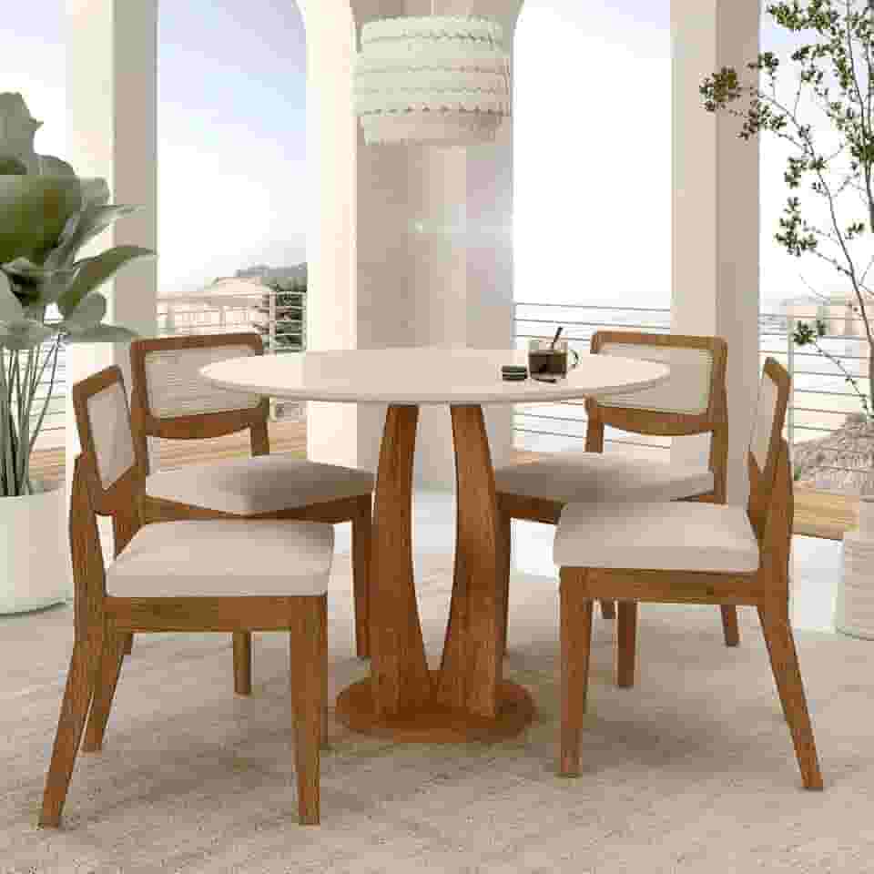 Mesa Redonda Camogli 4 Cadeiras Sextavadas Freijó/off/bouclé Off - M.a Freijó/off Premium/bouclé Off