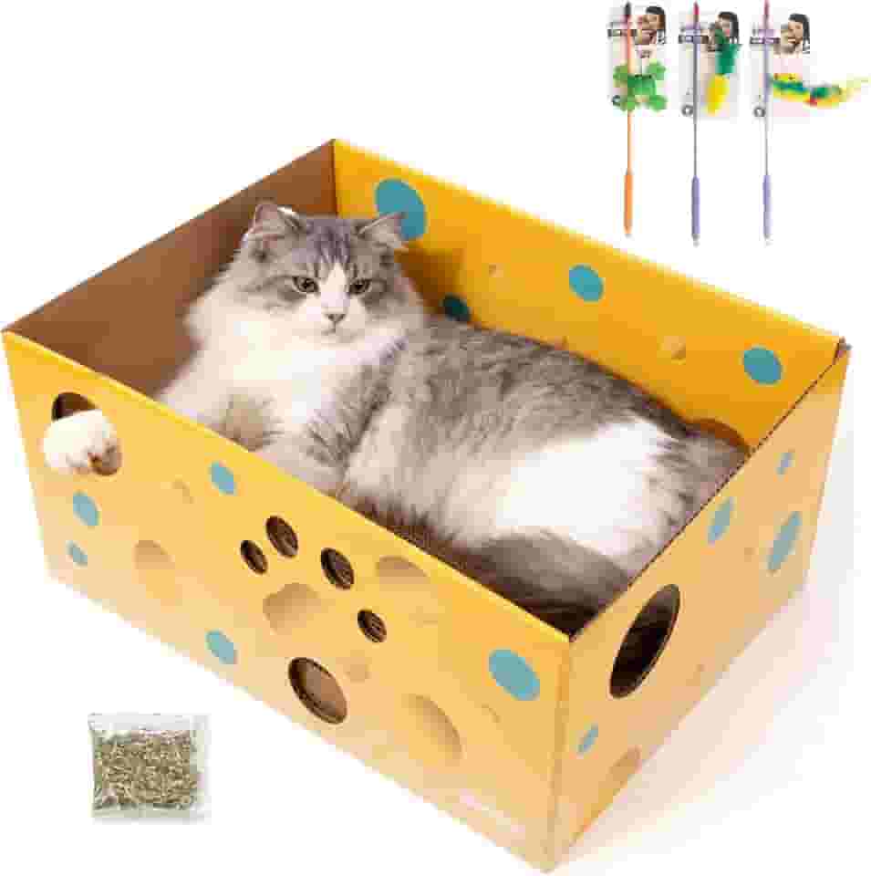 Pawise Caixa arranhadora de papelão resistente para gatos com 2 almofadas recarregáveis e furos Peekaboo – Caixa grande para gatos internos + varinha de brinquedo bônus para gatos