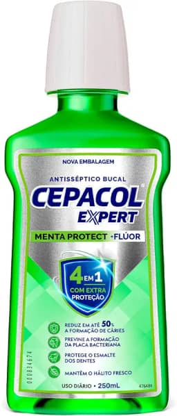 CEPACOL - Enxaguante Bucal Expert Menta Protect - Com Flúor - Hálito Duradouro e Proteção Contra Cáries - 250ml