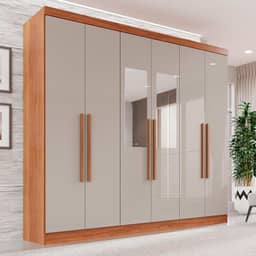 Guarda-roupa Casal com Espelho 6 Portas 2 Gavetas França Cinamomo/Off-White