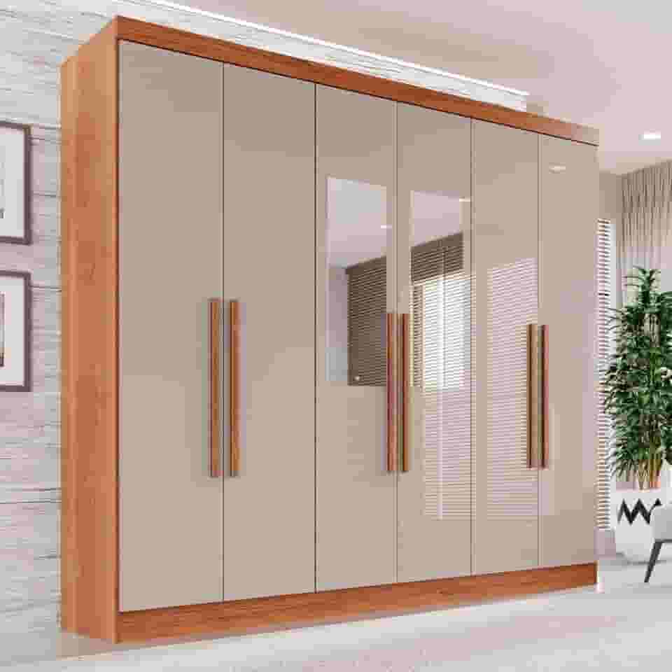 Guarda-roupa Casal com Espelho 6 Portas 2 Gavetas França Cinamomo/Off-White