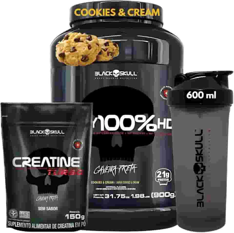 Whey Protein 100% HD Pure 900g Isolado - Hidrolisado - Concentrado Pote + Creatina Monohidratada 150g + Coqueteleira - Kit Black Skull Para Ganho de Massa e Força (Whey 100% Cookies Pote + Creatina 150g)