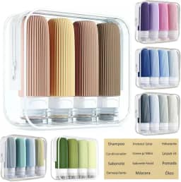 Kit 4 Frascos Potes Silicone Viagem 90ml Canelado Aprovado TSA - Adesivos em Português (Bege e Marrom)