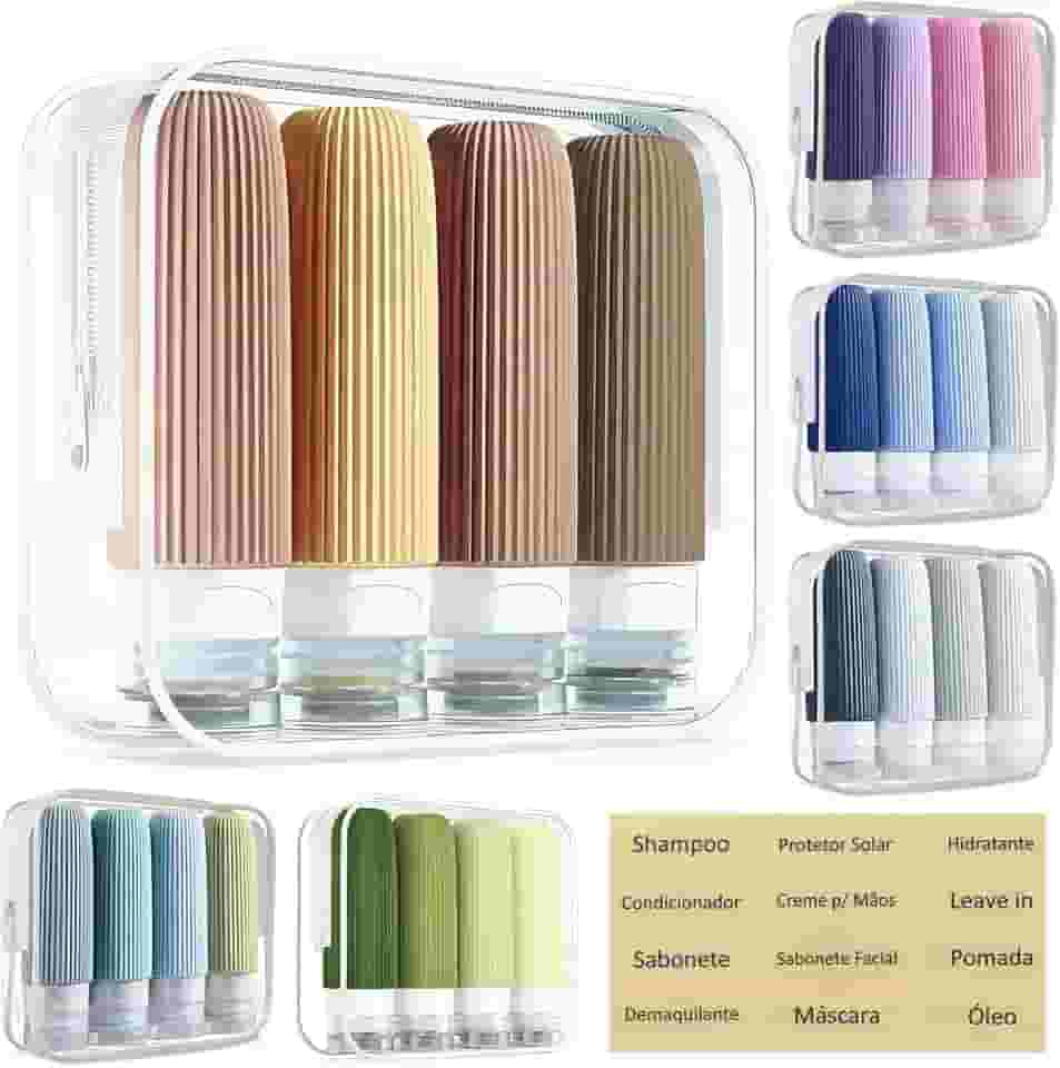 Kit 4 Frascos Potes Silicone Viagem 90ml Canelado Aprovado TSA - Adesivos em Português (Bege e Marrom)