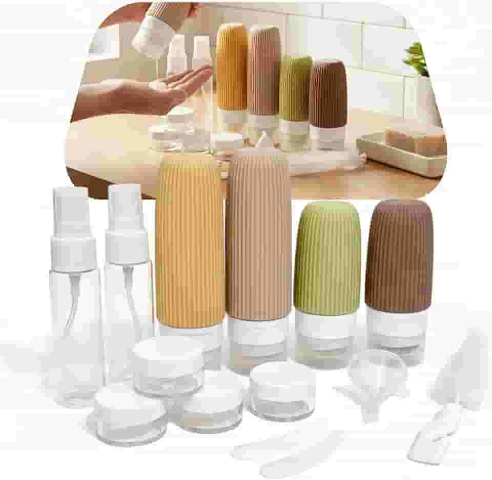 Kit 16 Frascos de Viagem Recarregáveis Silicone Premium Antivazamento – Recipientes para Shampoo, Cremes e Cosméticos + Bolsa Transparente TSA | Organização e Praticidade em Viagens (Tons Terrosos)