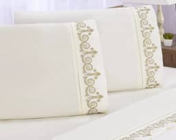 Jogo de Lençol Bordado para Cama Queen ALGODÃO 400 Fios 4 peças (ATENAS PALHA COM CAKI)