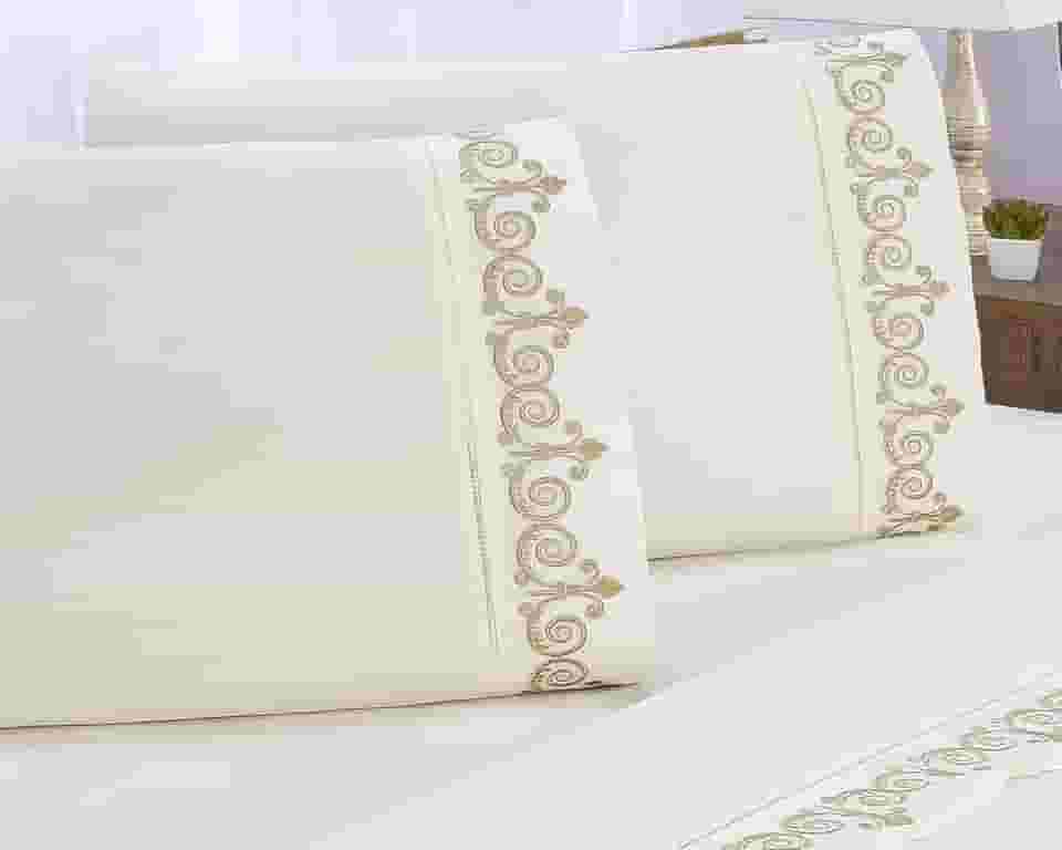 Jogo de Lençol Bordado para Cama Queen ALGODÃO 400 Fios 4 peças (ATENAS PALHA COM CAKI)