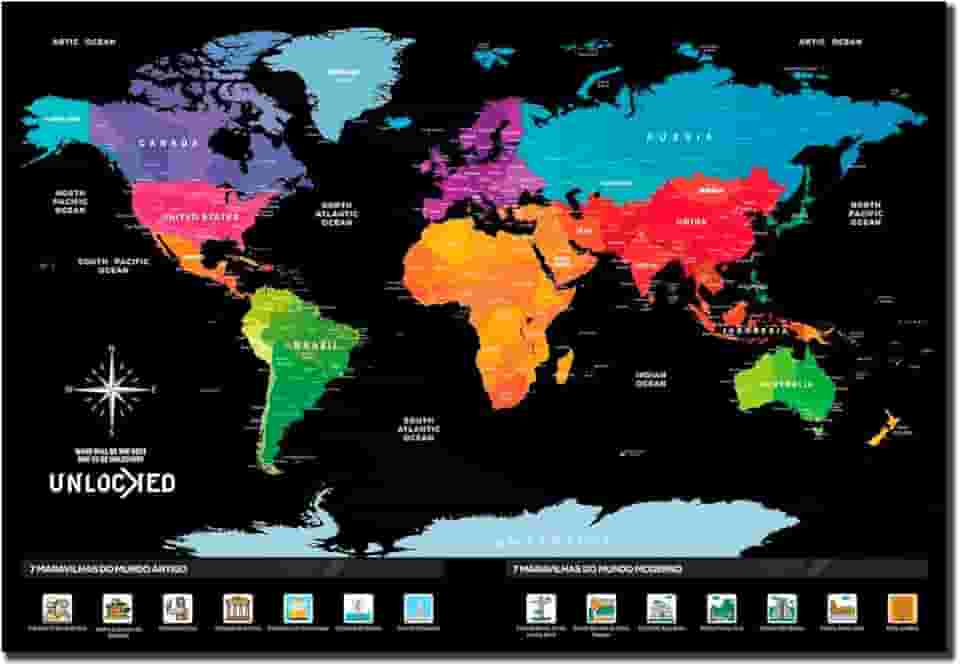 Mapa Mundi de Raspar 60x42 cm | Unlocked | Sem moldura | Scratch off Brazil Map | Mapa Raspadinha