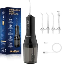 Irrigador Dental Portatil 300ML, 4 Modos de Jato, 4 Bicos, Limpeza Profunda dos Dentes e Gengivas, Elétrico, Recarregável, À Prova d’Água IPX7 (Preto)