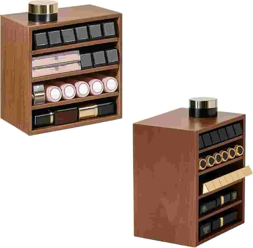 Organizador de maquiagem multicamadas para batons de várias formas, comporta cerca de 30 peças, suporte de prateleira de madeira sintética, expositor empilhável para sombra, base e amostras de