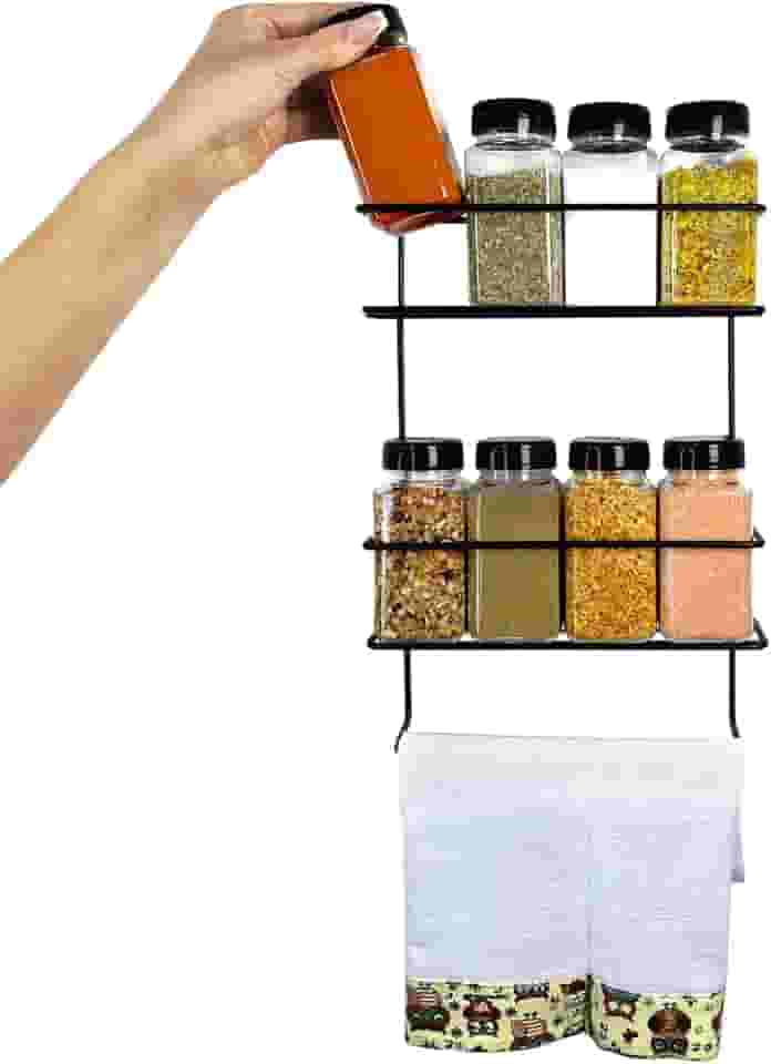 Porta Temperos com Suporte Ferro de Parede e Porta Pano de Prato Minimalista com 8 Potes 220ml Tampa Dupla Cozinha