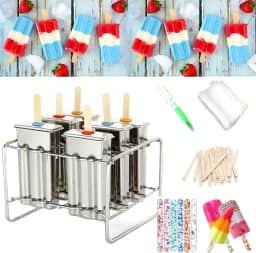 Conjunto de 6 kits de moldes de picolé de aço inoxidável, máquina de fazer petiscos de gelo caseiros com 50 palitos de madeira e 6 selos de silicone e 20 sacos pop, escova de limpeza (quadrada)