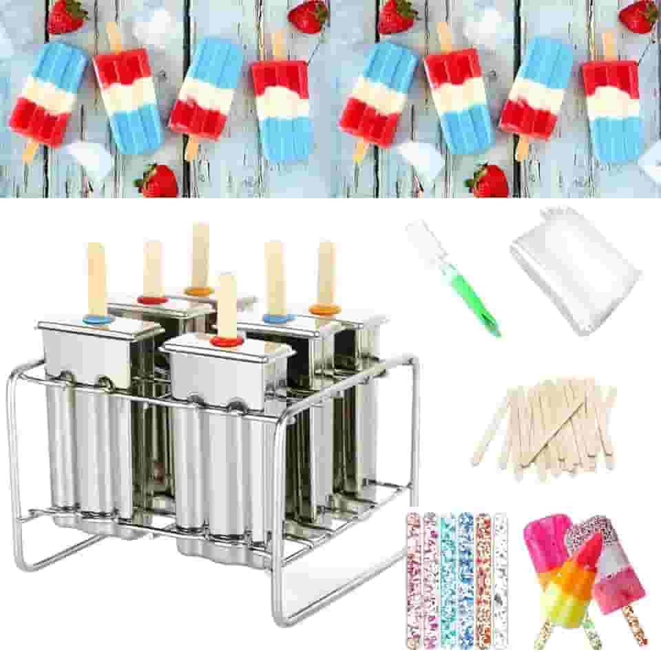 Conjunto de 6 kits de moldes de picolé de aço inoxidável, máquina de fazer petiscos de gelo caseiros com 50 palitos de madeira e 6 selos de silicone e 20 sacos pop, escova de limpeza (quadrada)