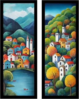 Kit 2 quadros 18x45, sala, escritório, pintura, cor, village (Preto)