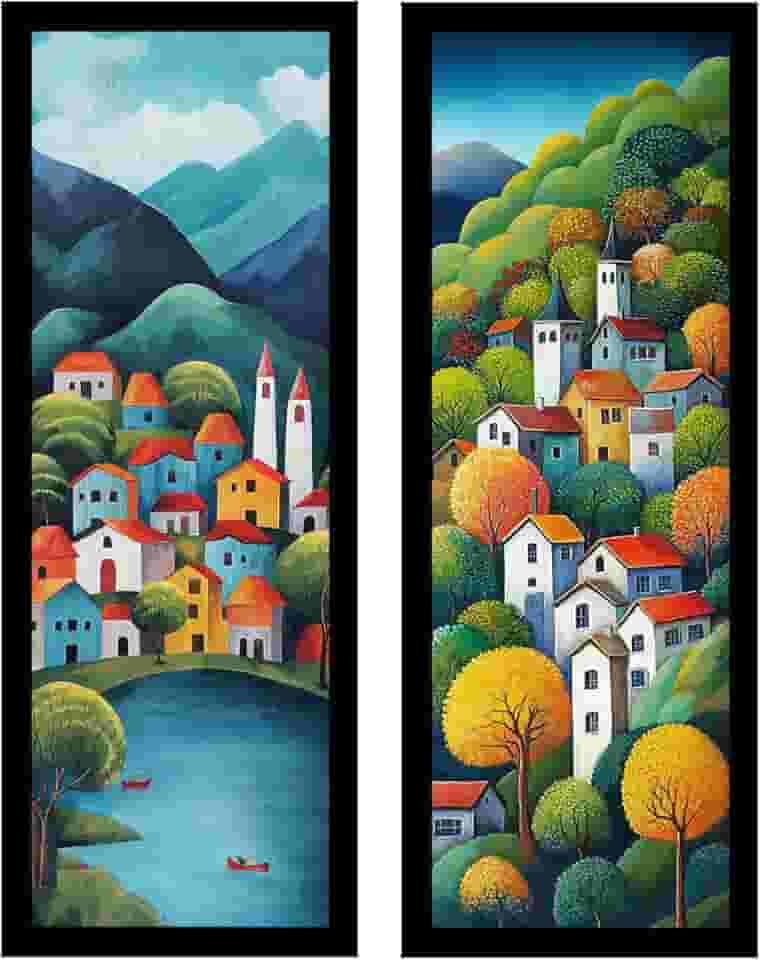 Kit 2 quadros 18x45, sala, escritório, pintura, cor, village (Preto)