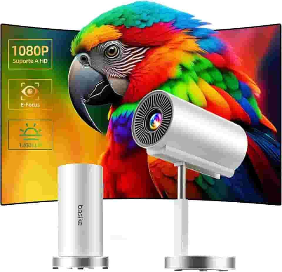 Basike Mini Projetor Portatil, 4K 1080P Full HD, 5G WIFI 6 BT 5.0 Android 11, 12000 Lumens, Led Auto de Correcção Trapezóide Horizontal, 90°Girável Ajuste Telescópico de Altura (Branco)