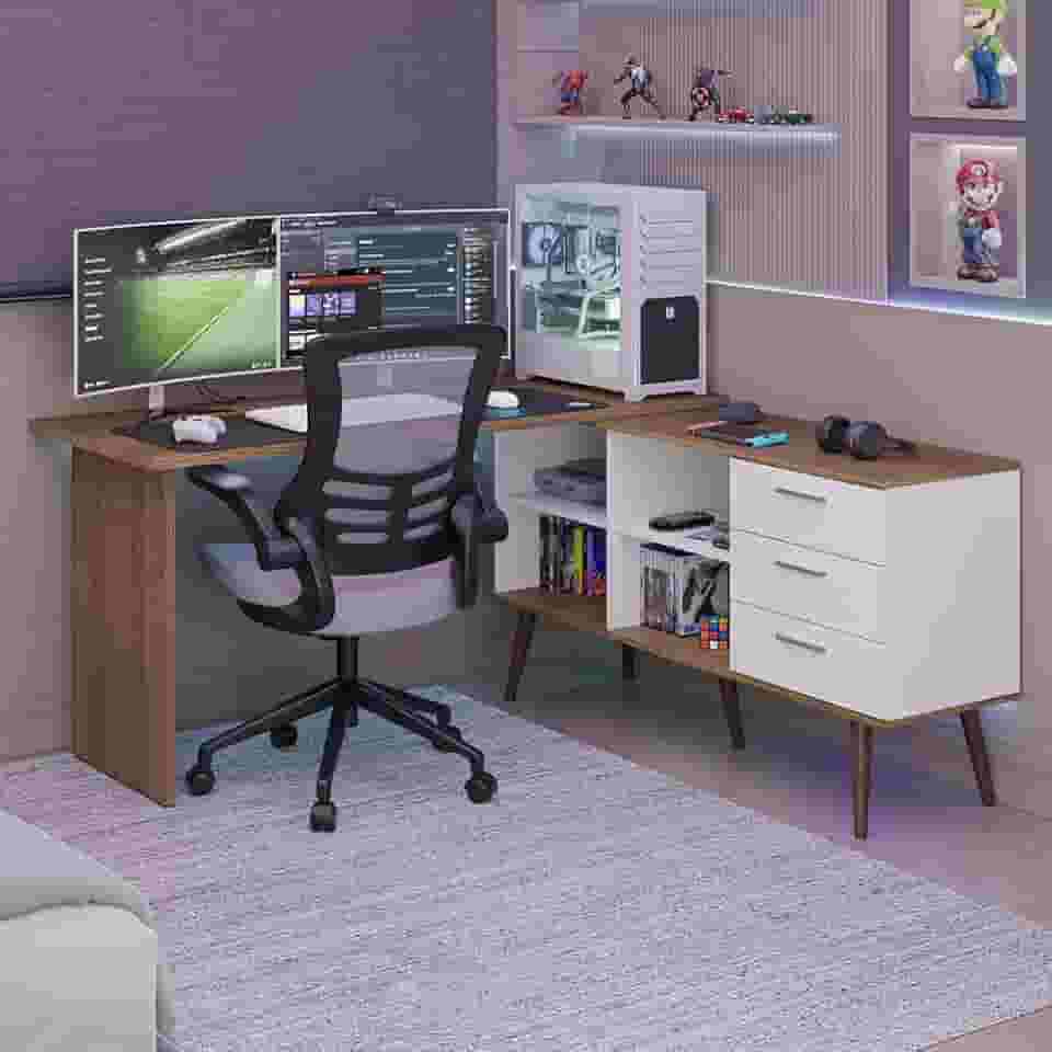 Mesa para Computador Gamer em L 3 Gavetas Branco/rustic Lisboa Madesa