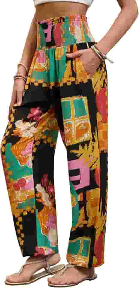 Calça feminina harém, hippie boho, cintura alta, calças de ioga com bolsos