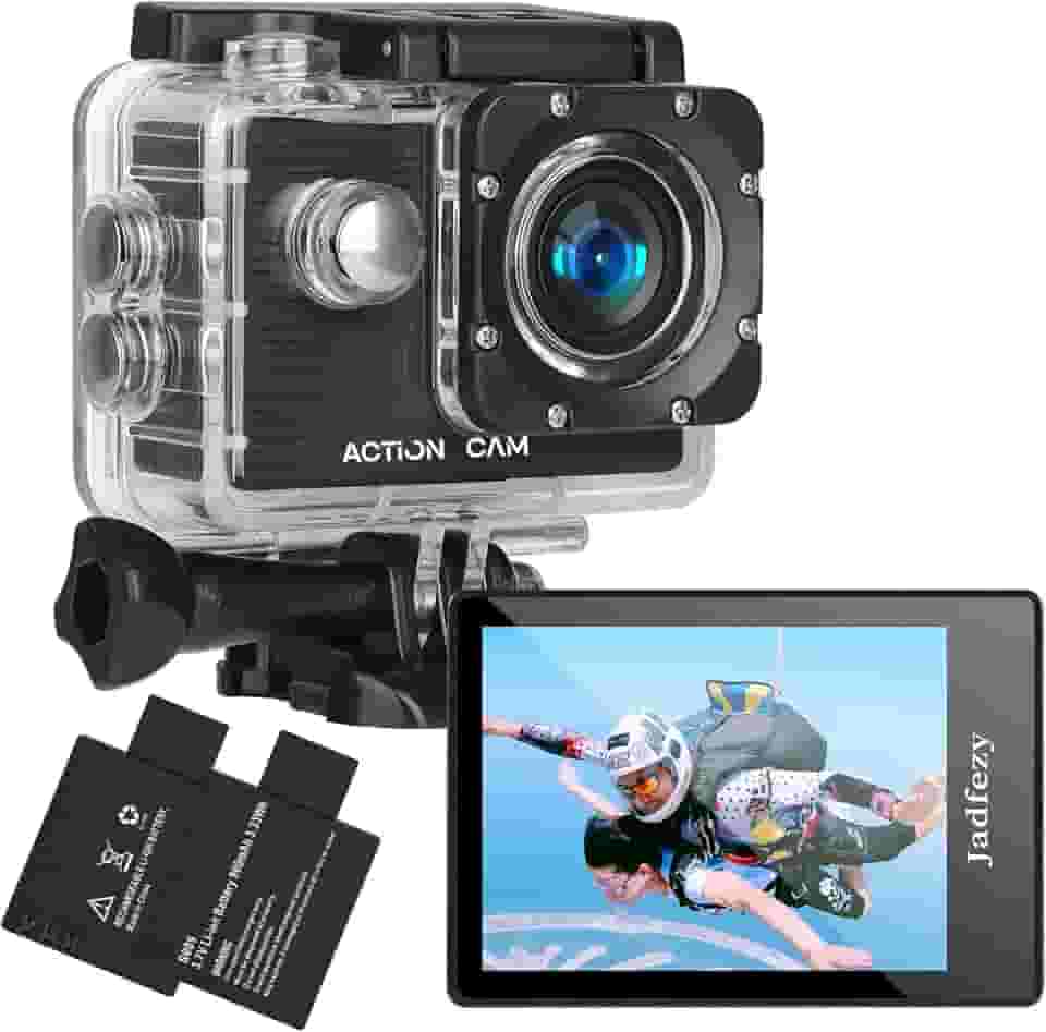 Jadfezy Câmera de ação FHD 1080P 12MP, câmera subaquática impermeável de 30 m com 2 baterias, câmera esportiva grande angular com kit de acessórios adequada para capacete, bicicleta, etc.