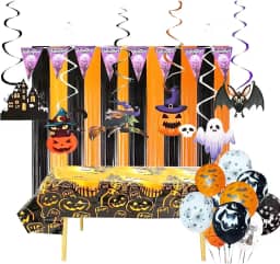 Kit Decoração Festa Halloween: Cortina + Toalha Mesa + Balões + Enfeite Teto + Bandeirinha = 20 Produtos Temáticos