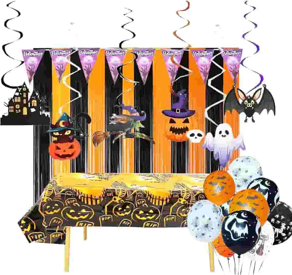 Kit Decoração Festa Halloween: Cortina + Toalha Mesa + Balões + Enfeite Teto + Bandeirinha = 20 Produtos Temáticos