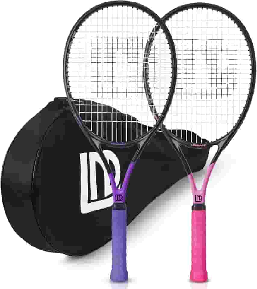 LUNNADE Raquetes de tênis para adultos, pacote com 2, raquete de tênis de 68 cm com capa, pré-amarrada e recortada, perfeita para homens e mulheres amantes