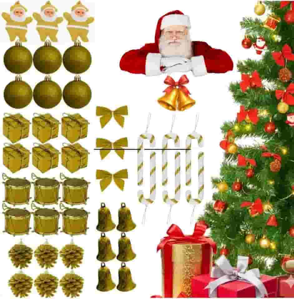 Kit 42 Enfeites de Natal para Árvore Vermelho ou Dourado | Bolas, Papai Noel, Laços, Presentes e Mais | Decoração Completa para Árvore, Guirlanda e Ambientes Festivos (DOURADO)