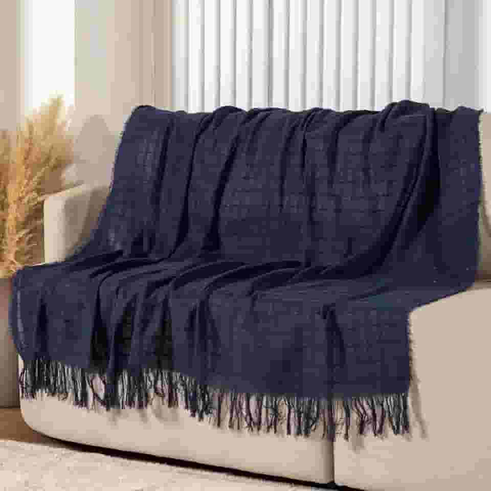 Manta Decorativa Sofá 140x170 cm 100% Algodão com Textura Quadriculada e Franjas Azul Marinho