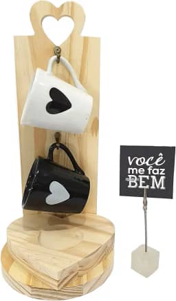 Kit Suporte Jogo Caneca Xícara Café Coração Namorados Casal (Preto e Branco)