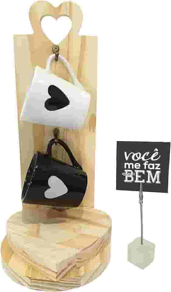 Kit Suporte Jogo Caneca Xícara Café Coração Namorados Casal (Preto e Branco)