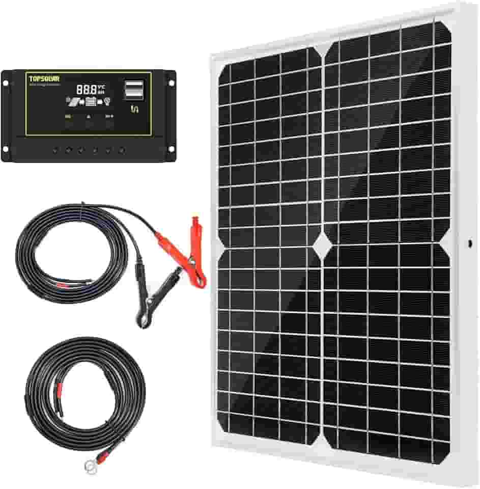 Kit Painel Solar 20W 12V Monocristalino com Controlador de Carga Solar 10A + Cabo de Extensão com Garras para Bateria e Terminal Olhal para Motorhome, Barco, Uso Marítimo e Sistema Off-Grid