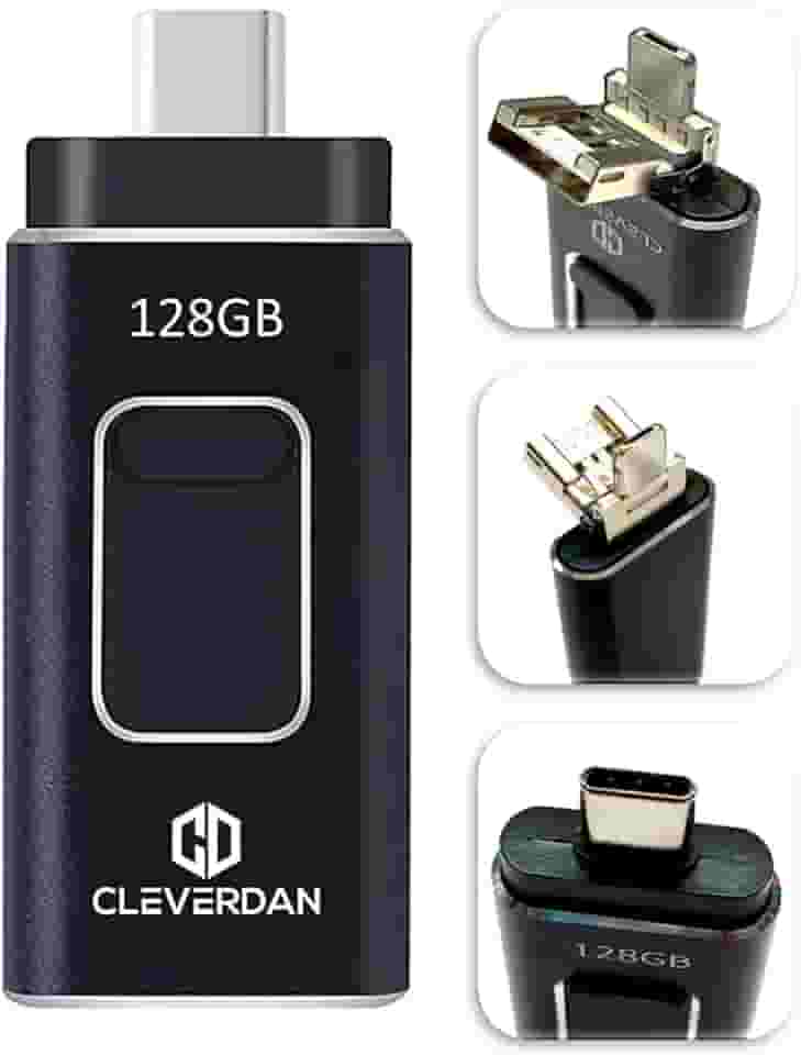Pen drive USB 3.0 4 em 1 para iPhone e Android de 128 GB – Compatível com todos os seus dispositivos! iPhone iPad, Samsung, Moto Pixel, PC, Mac (backup fácil e armazenamento externo + aplicativo iOS