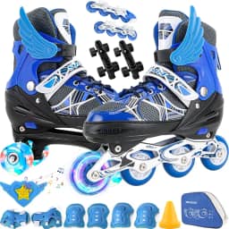 2 Em1 Patins Infantil Ajustável, Patins 4 Rodas, Patins Quad, Patins Infantil Menina, Ajustável com Bolsa e Kit Proteção, Para meninas, meninos e iniciante (Azul)M (33-37))