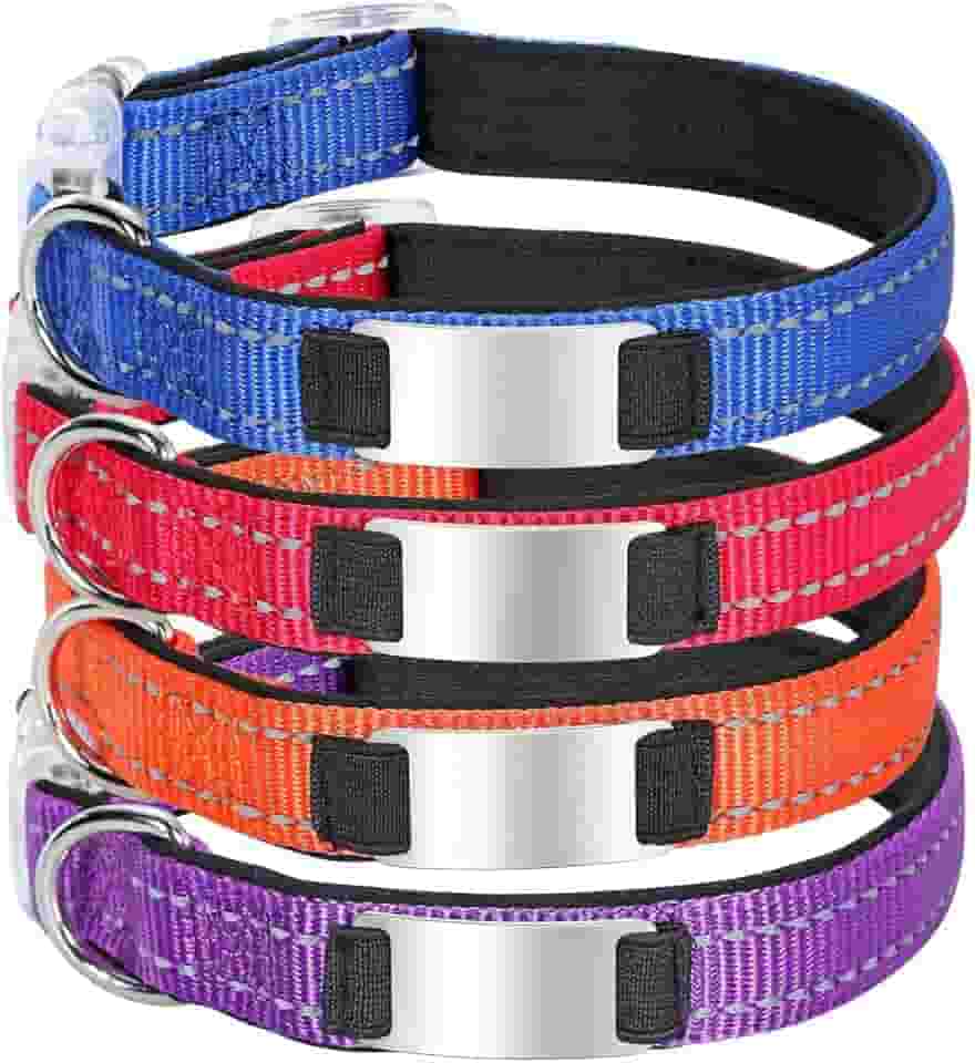 Coleira refletiva para cães com placa de identificação, coleira ajustável com etiqueta de identificação de animal de estimação, etiqueta sem ruído para cães pequenos, médios ou grandes