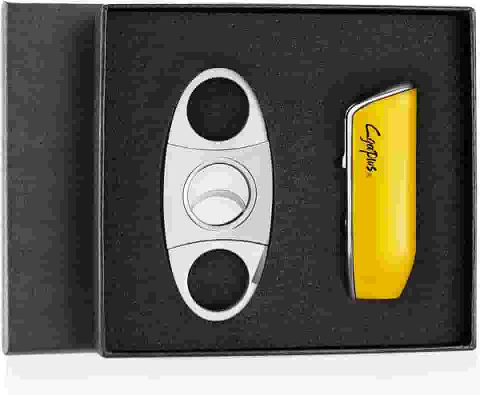 Isqueiros de charuto com cortador conjunto de isqueiro triplo de chama a jato com maçarico de butano perfurador isqueiro recarregável para homens (sem gás) (amarelo)