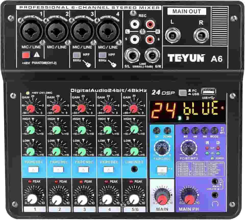 Mesa De Som 4/6/7/8/12 Canais Profissional Portátil Mixer Bluetooth Interface Gravação Audio Console com placa de som USB + 48V Phantom power (Mesa 6 Canais)