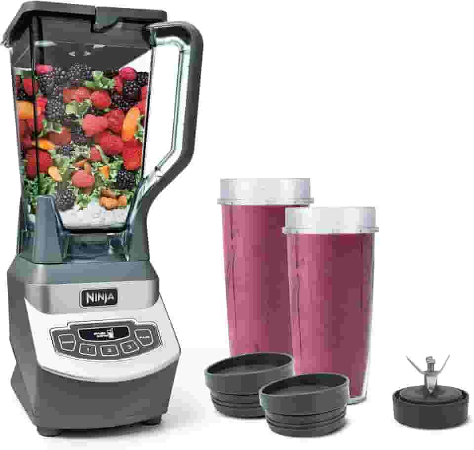 Liquidificador Ninja BL660 Profissional compacto, processamento de alimentos e vitaminas, 1.100 W, 3 funções, jarra de 2 L, 2 copos de 473 ml com tampas de bico para viagem, cinza
