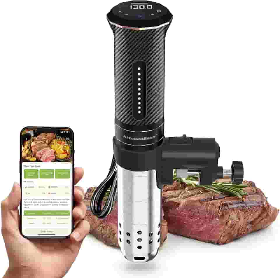 KitchenBoss Máquina de Sous Vide Wifi: Controle de Aplicativo Circulador de Imersão de Precisão Ultra-silenciosa, Aço Inoxidável Impermeável IPX7 1100W Máquinas Profissionais de Cozimento de Baixa